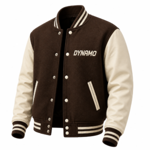 varsity jacket beige and brown