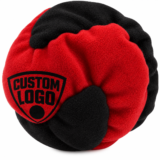 Red and black plush footbag with logo