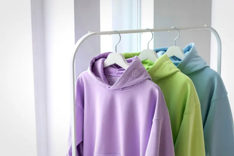 pastel-hoodies-hanging-clothes-rack-three-colored-purple-lime-green-light-blue-hang-white-metal-clothing-near-window-405217027